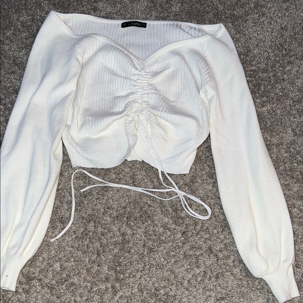 Zaful White Ruched Drawstring Long-Sleeve Cropped Top